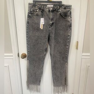 Topshop Women’s Jeans Diamond FringeEmbellished Hem Straight Gray  Size 32 Bling